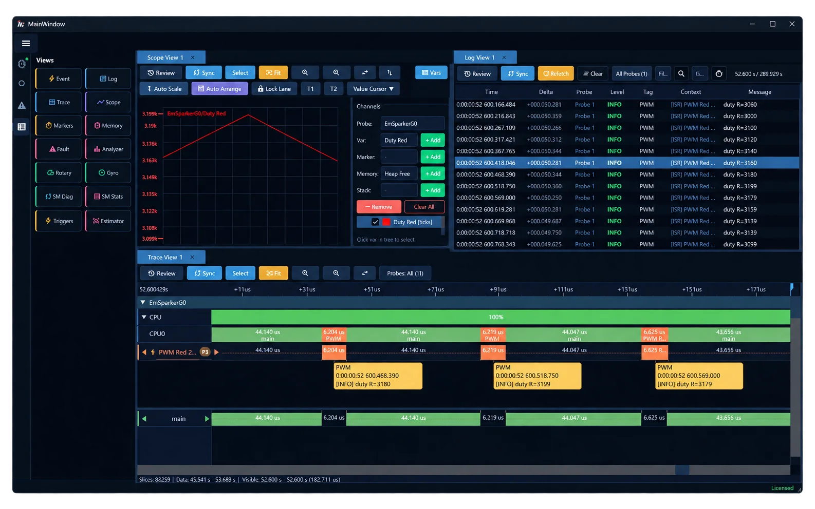 Real Traxcope synchronized scope, log and trace views